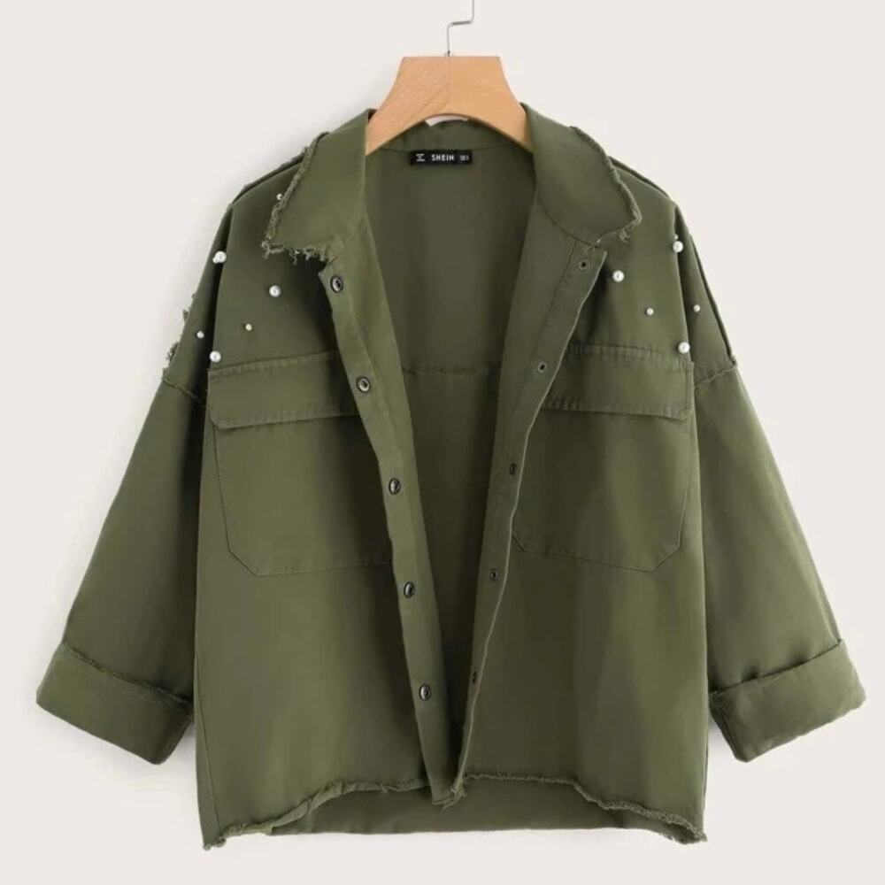 SHEIN • Military Green Pearl Beaded Raw Cut Distressed Trim Snap Jacket